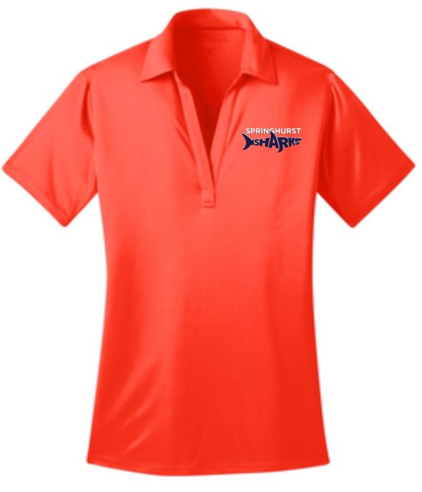 Bright orange Springhurst Sharks Ladies Moisture wicking polo L540 with a collar and a small logo on the left chest that reads "springhurst sharks.