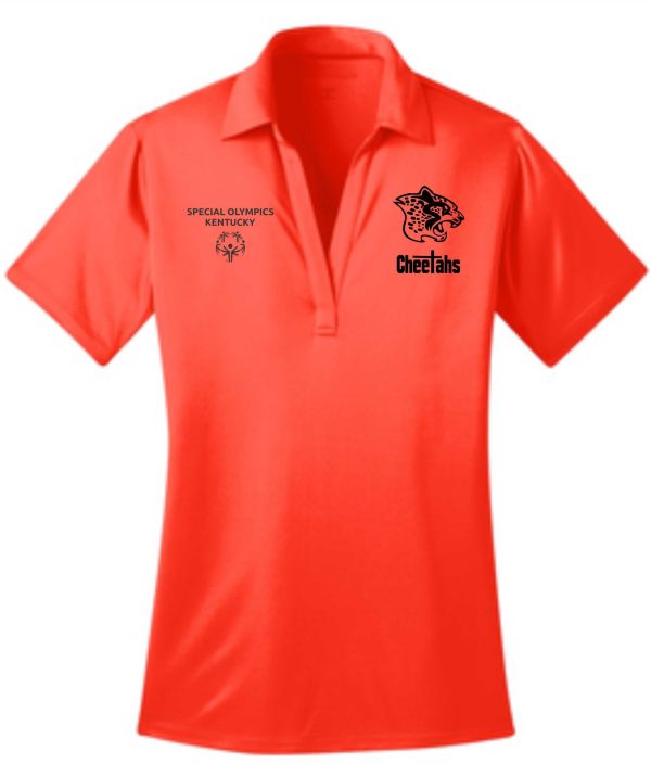 Red Louisville Cheetahs Womens Orange embroidered polo L540 with "special olympics kentucky" and "cheetahs" logos on the chest.