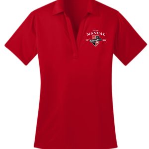 Red women's polo shirt with logo.