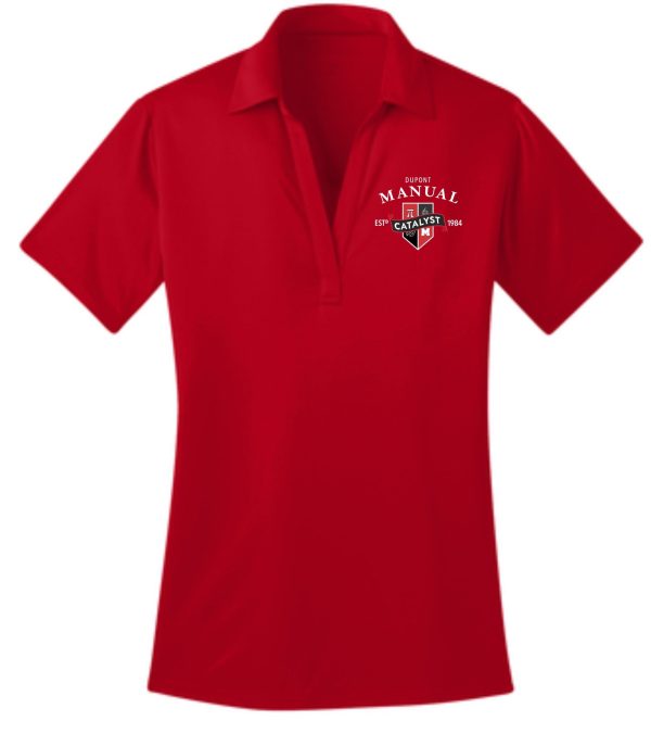 Red women's polo shirt with logo.