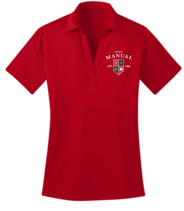 Red polo shirt with DuPont Manual logo.