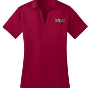 Red women's polo shirt with logo.