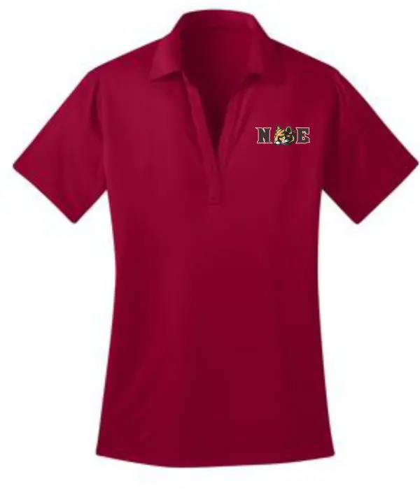 Red women's polo shirt with logo.