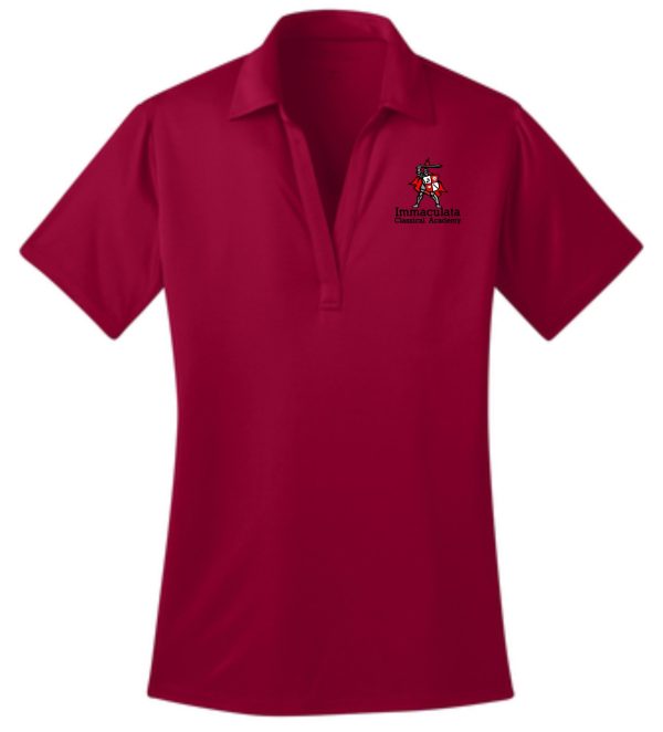 Immaculata Womens Red embroidered polo L540 with knight on horseback logo.