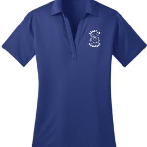 Blue women's polo shirt with Lincoln Bulldogs logo.