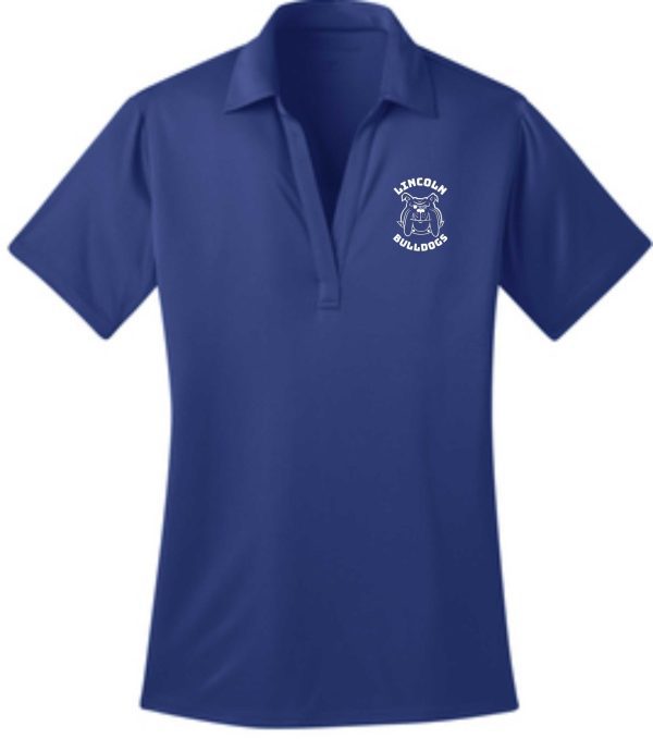 Blue women's polo shirt with Lincoln Bulldogs logo.