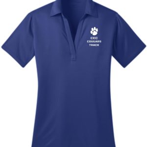 CEC Track Womens royal blue embroidered polo L540 with "cec cougars track" and a paw print logo embroidered on the left chest.