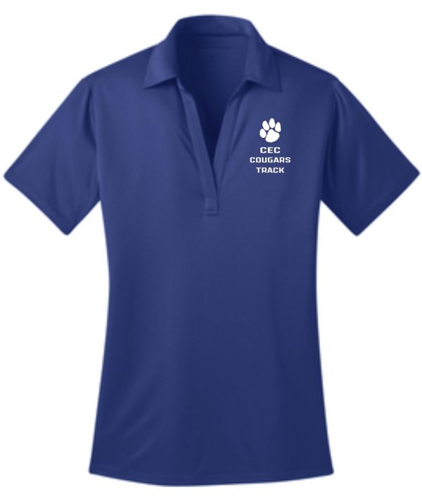 CEC Track Womens royal blue embroidered polo L540 with "cec cougars track" and a paw print logo embroidered on the left chest.