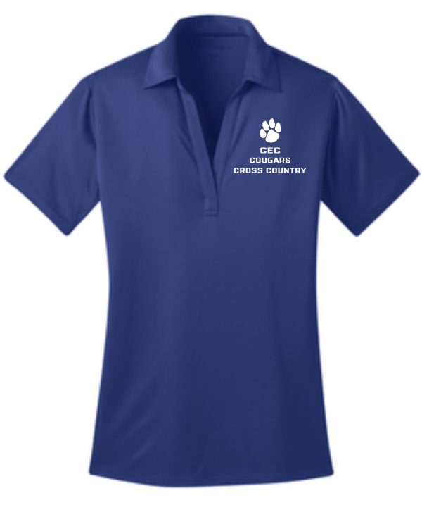 CEC Cross Country Womens royal blue embroidered polo L540 with a logo featuring a paw print and the text "cec cougars cross country" on the left chest area.