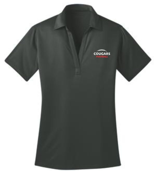 Black women's Cougars football polo shirt.