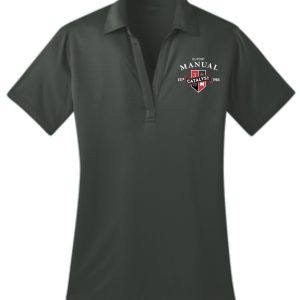 Dark green polo shirt with logo.