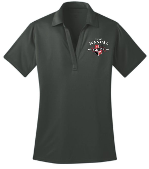 Dark green polo shirt with logo.