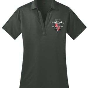 Dark green polo shirt with Manual logo.