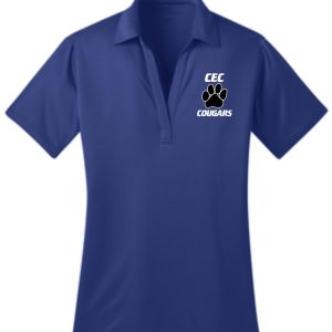 CEC Baseball Womens royal blue embroidered polo L540 with a "cec cougars" logo featuring a cougar graphic above the text, displayed on a plain background.