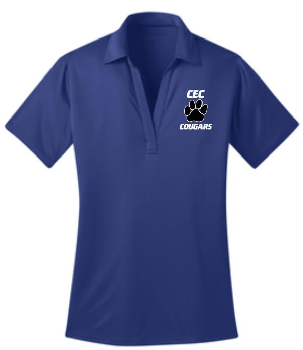 CEC Baseball Womens royal blue embroidered polo L540 with a "cec cougars" logo featuring a cougar graphic above the text, displayed on a plain background.