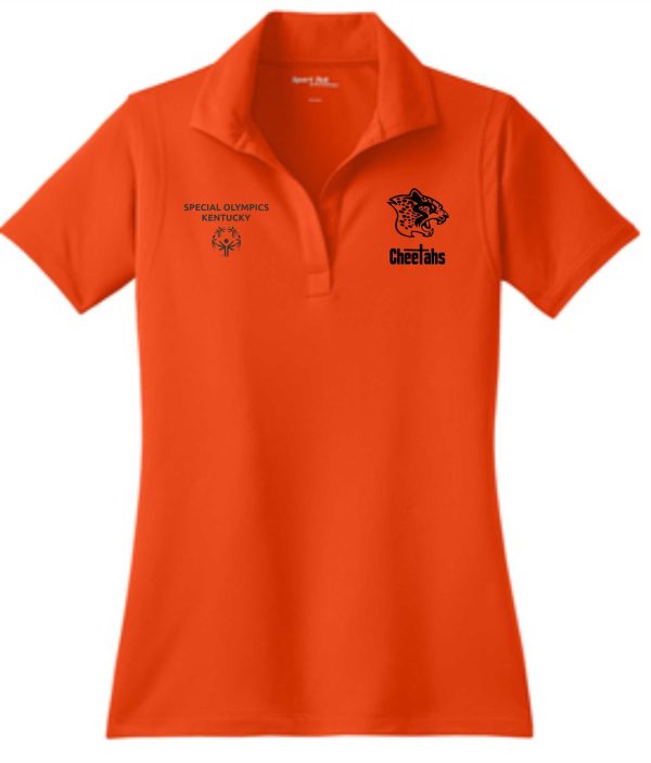 Louisville Cheetahs LADIES Orange polo LST650 with "special olympics kentucky" and "cheetahs" logos printed on the left side.