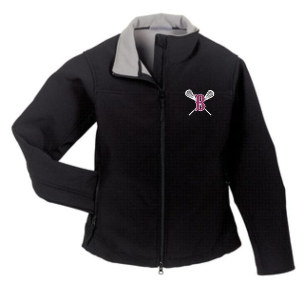 A black zippered Ballard LAX Womens Soft Shell Jacket with a grey collar and a white and pink logo on the left chest area.