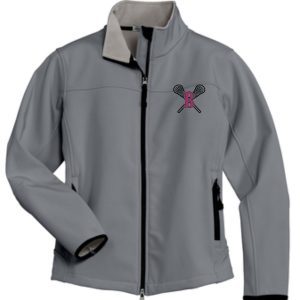 A gray zip-up Ballard LAX Womens Soft Shell Jacket L790 with a small pink 'b' logo on the left chest area. the jacket features a high collar and black accents on the cuffs.