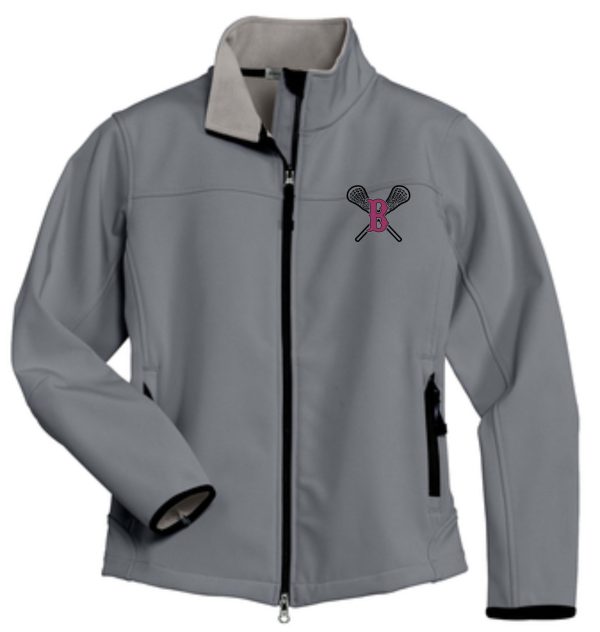 A gray zip-up Ballard LAX Womens Soft Shell Jacket L790 with a small pink 'b' logo on the left chest area. the jacket features a high collar and black accents on the cuffs.