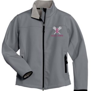 Gray zip-up jacket with a Ballard Lacrosse Womens Soft Shell Jacket L790 logo on the left chest.