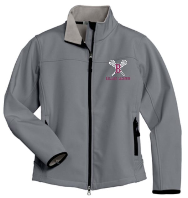 Gray zip-up jacket with a Ballard Lacrosse Womens Soft Shell Jacket L790 logo on the left chest.