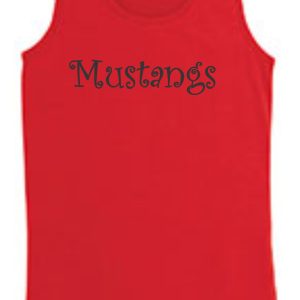 A red SMMSS LAT Brand Girls tank top with the word "mustangs" printed in black across the front.