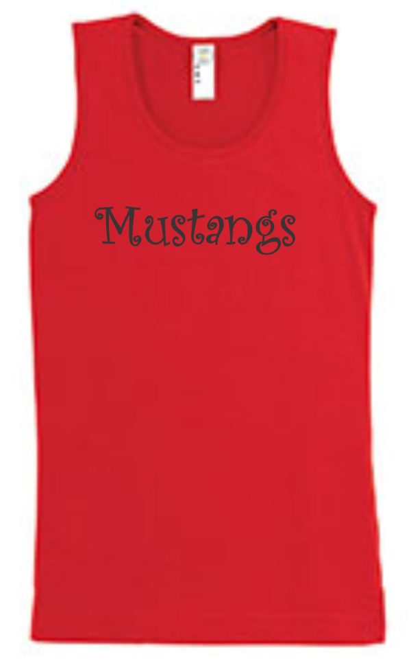 A red SMMSS LAT Brand Girls tank top with the word "mustangs" printed in black across the front.