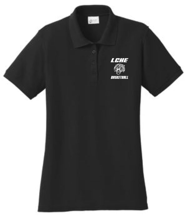 Black LCHE Tigers Ladies 50/50 polo LKP155 with a white 'lche basketball' logo on the left chest.