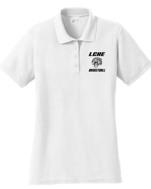 LCHE Tigers Ladies 50/50 polo LKP155 with a logo on the left chest reading "lche basketball" above a stylized basketball graphic.