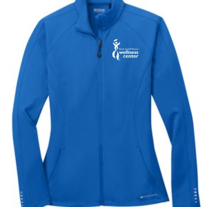 Blue wellness center zip-up jacket.