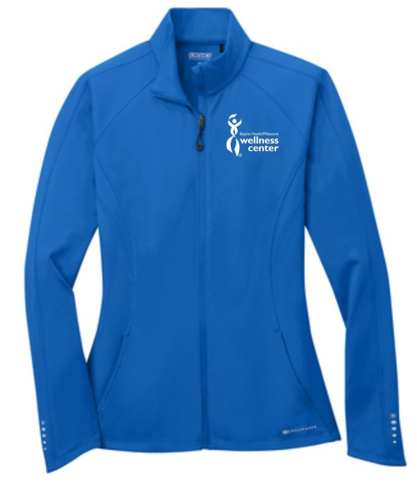 Blue wellness center zip-up jacket.