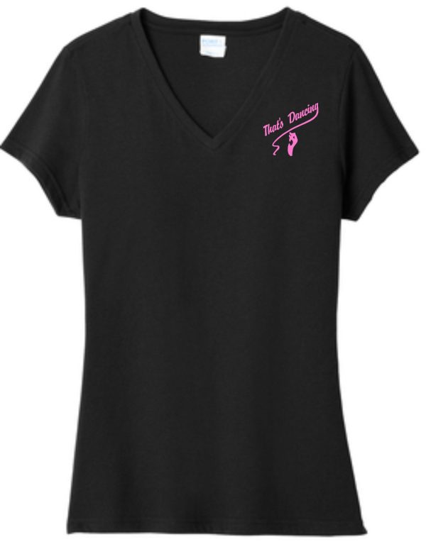 That's Dancing LADIES CUT 100% cotton V neck LPC455V with the pink text "that's darling" and a pink ribbon design on the left chest area.