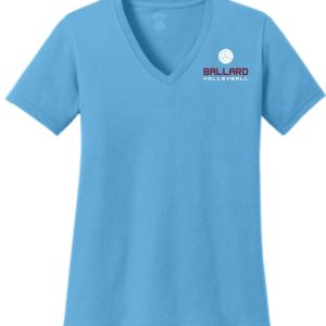 Light blue Ballard Volleyball LADIES CUT 100% cotton V neck LPC54V with the "ballard volleyball" logo printed on the left chest.