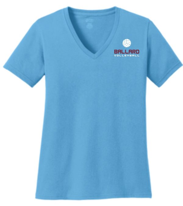 Light blue Ballard Volleyball LADIES CUT 100% cotton V neck LPC54V with the "ballard volleyball" logo printed on the left chest.