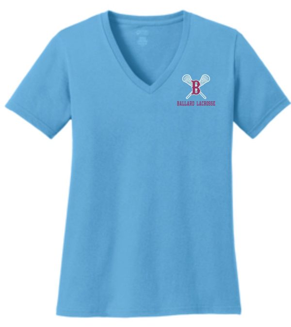 BALLARD LACROSSE LADIES CUT 100% cotton V neck LPC54V with "ballard lacrosse" and a logo featuring a lacrosse stick and the letter b on the left chest area.