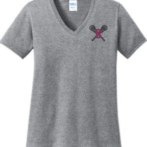 Ballard LAX LADIES CUT 100% cotton V neck LPC54V with a logo featuring two crossed tennis rackets and a pink letter b on the chest.