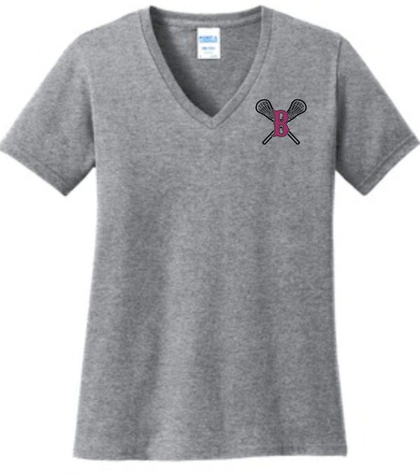 Ballard LAX LADIES CUT 100% cotton V neck LPC54V with a logo featuring two crossed tennis rackets and a pink letter b on the chest.