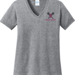 Grey Ballard Lacrosse LADIES CUT 100% cotton V neck t-shirt with a stylized pink and black butterfly logo on the left chest.