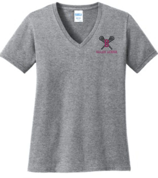 Grey Ballard Lacrosse LADIES CUT 100% cotton V neck t-shirt with a stylized pink and black butterfly logo on the left chest.