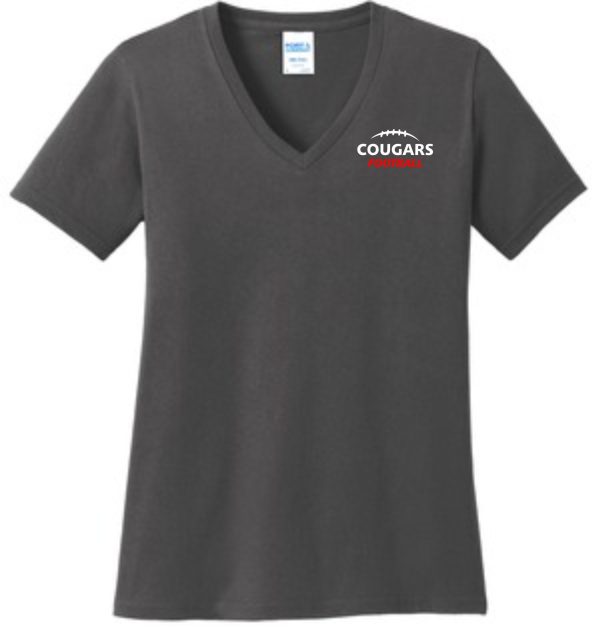 Gray v-neck t-shirt with Cougars football logo.