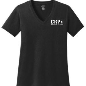 Black v-neck t-shirt with CKY logo.