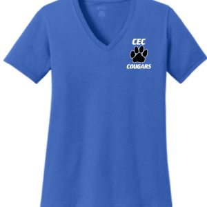 A blue CEC Baseball Ladies 100% cotton V Neck LPC54V with the logo "cec cougars" and a paw print on the upper left side.