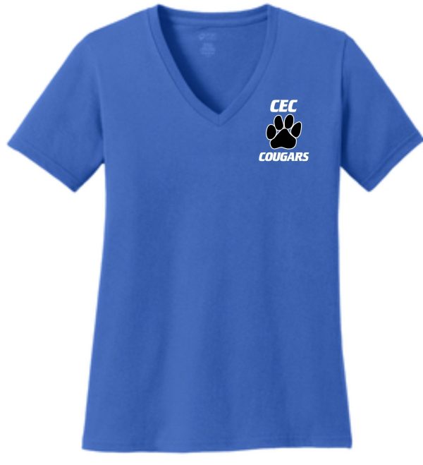 A blue CEC Baseball Ladies 100% cotton V Neck LPC54V with the logo "cec cougars" and a paw print on the upper left side.