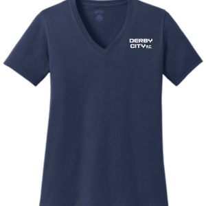 Navy blue Derby City AC LADIES CUT 100% cotton V neck LPC54V with the text "derby city ac" printed on the chest.