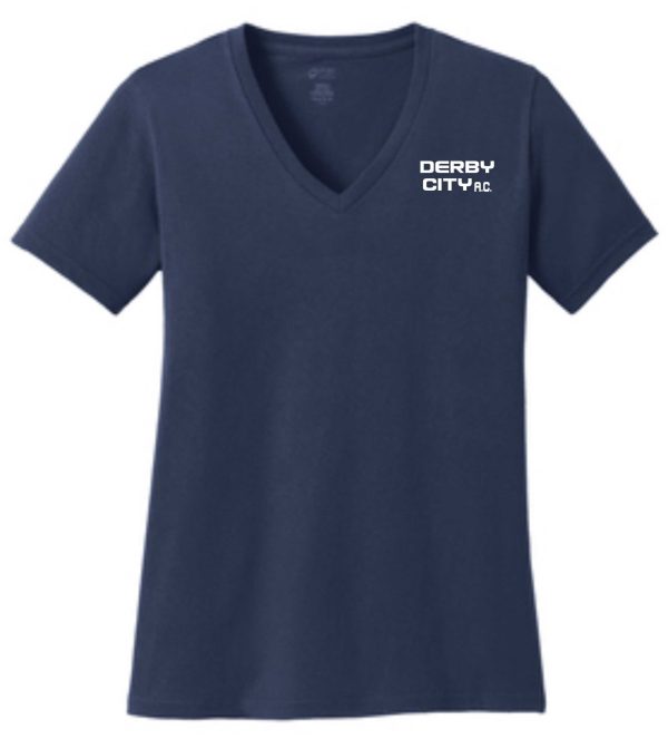 Navy blue Derby City AC LADIES CUT 100% cotton V neck LPC54V with the text "derby city ac" printed on the chest.