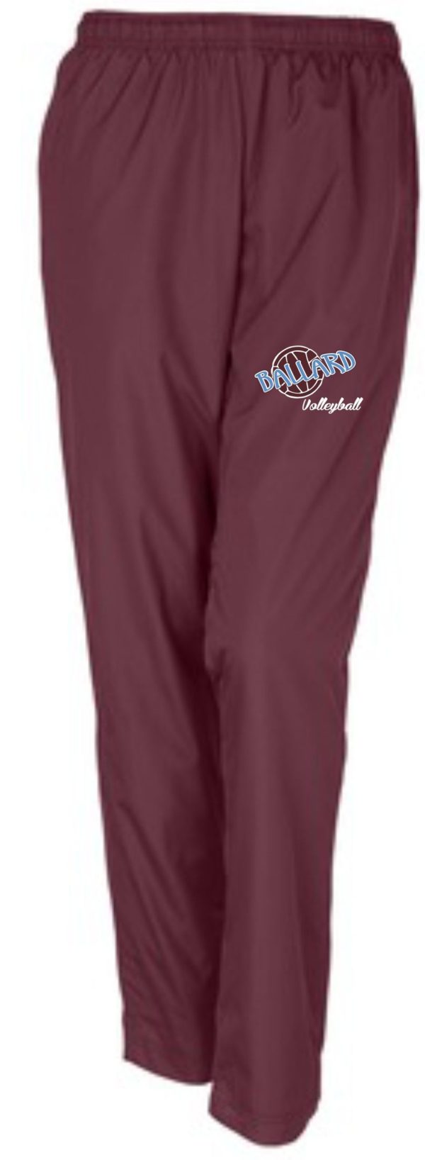 Ballard Volleyball LADIES warm up pants LPST91 with elastic waistband and white "dallas industrial" logo on the left thigh.