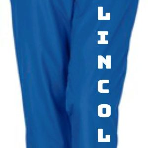 Blue track pants with "Lincoln" on leg.