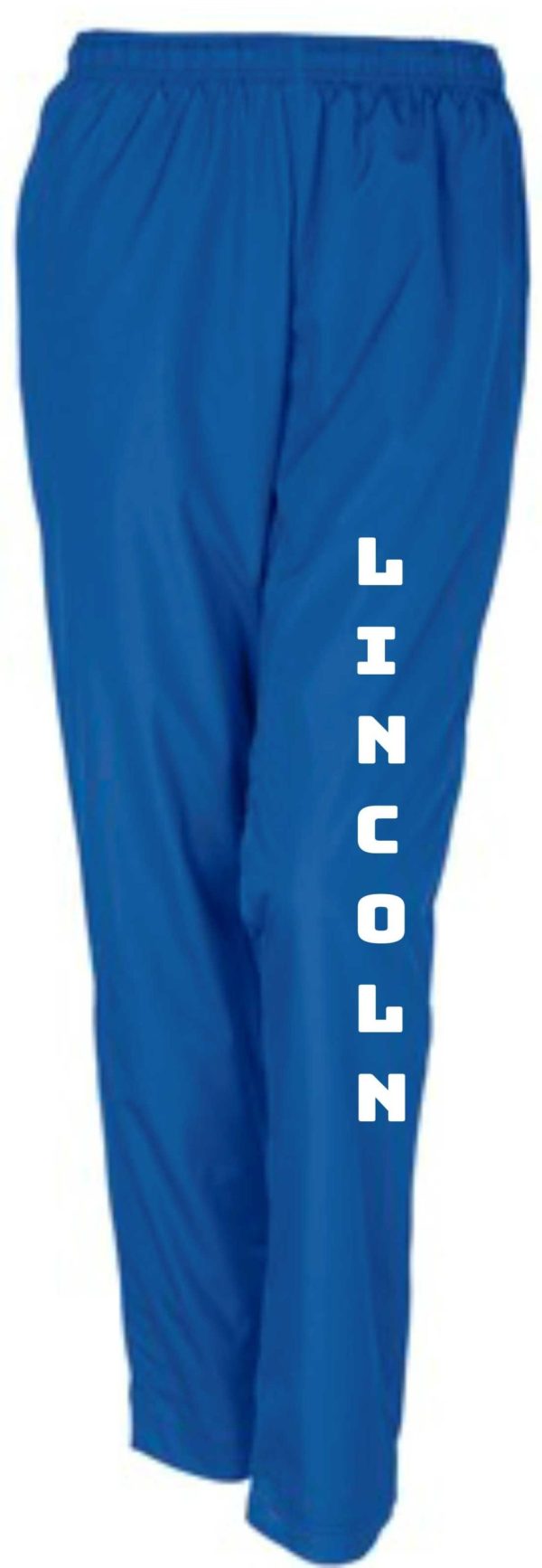 Blue track pants with "Lincoln" on leg.