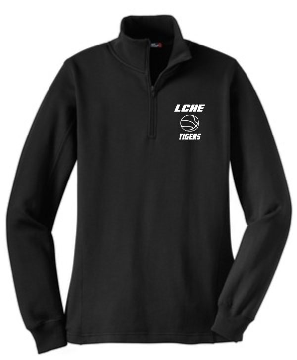 Black LCHE Tigers Womens 1/4 zip pullover fleece, embroidered with the logo "LCHE tigers" and a basketball symbol on the left chest.