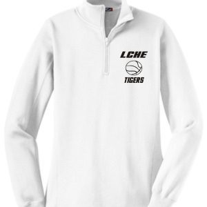 White LCHE Tigers Womens 1/4 zip pullover fleece with a "LCHE tigers" logo with a basketball design on the left chest.